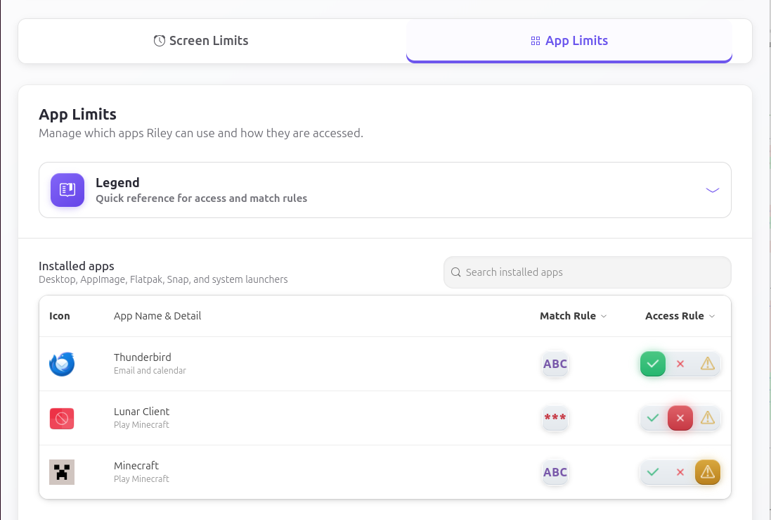 The Parent App showing installed apps with their match rules and access rules.