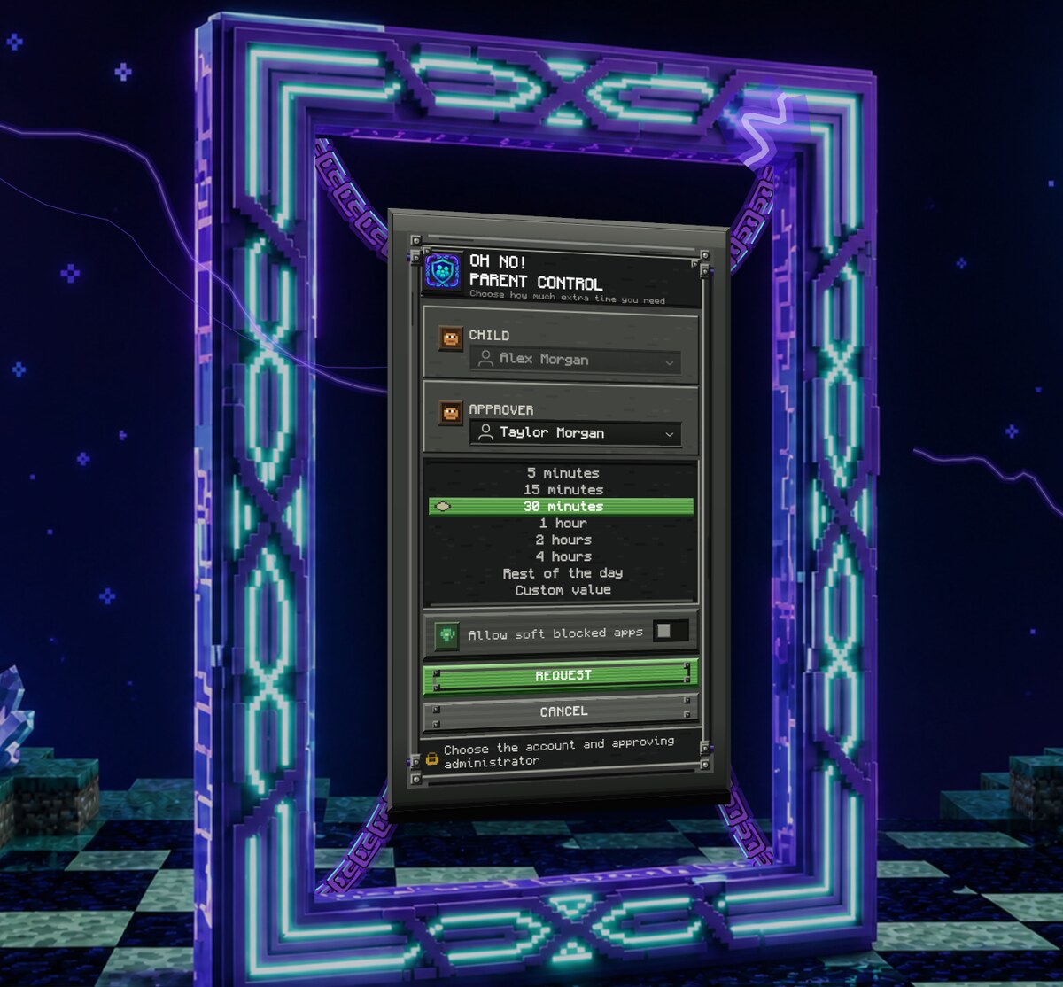 The child request screen with a parent, duration, and soft-blocked-app option selected.