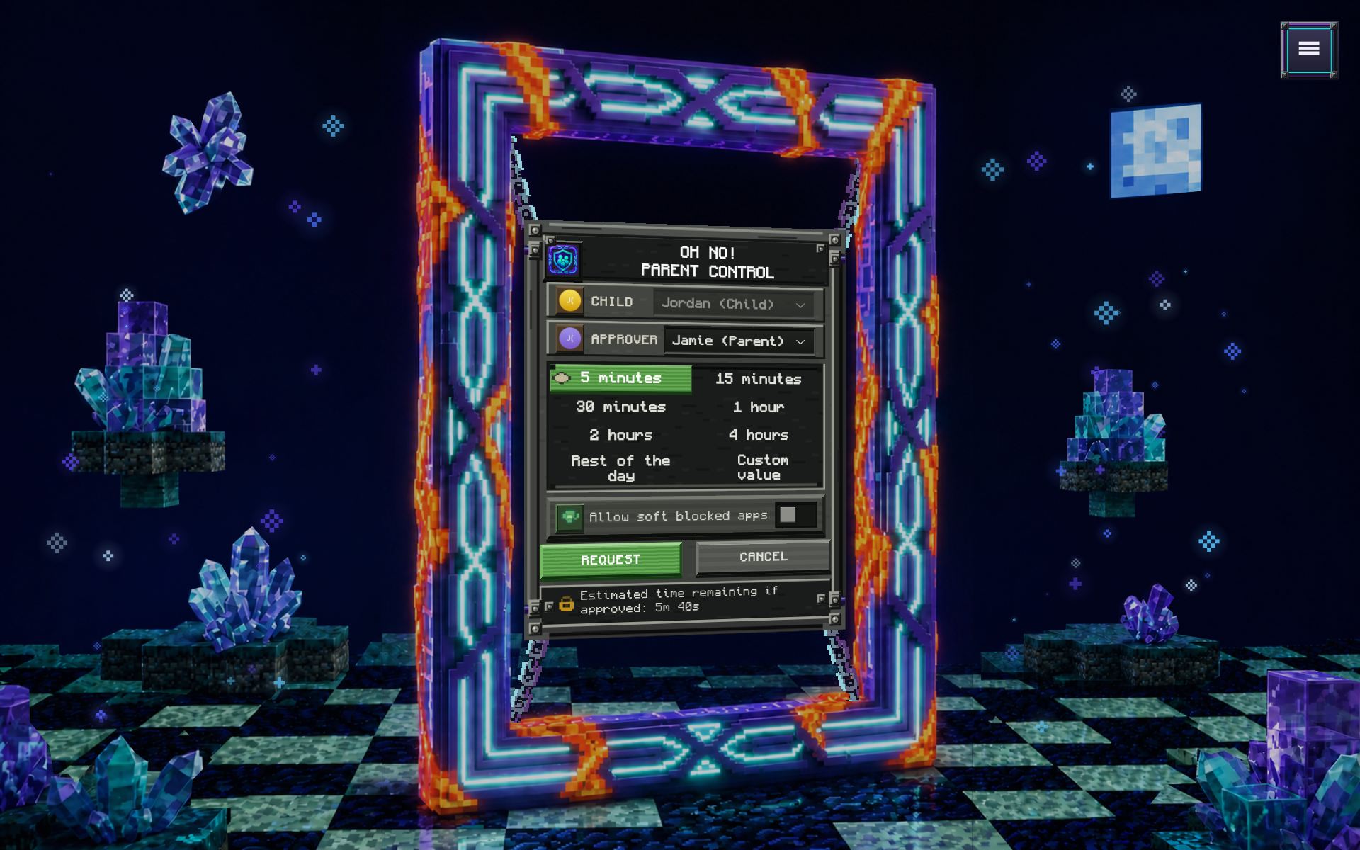 Request station showing fictional child and parent account choices, duration, and soft-app access inside a colorful game-inspired portal
