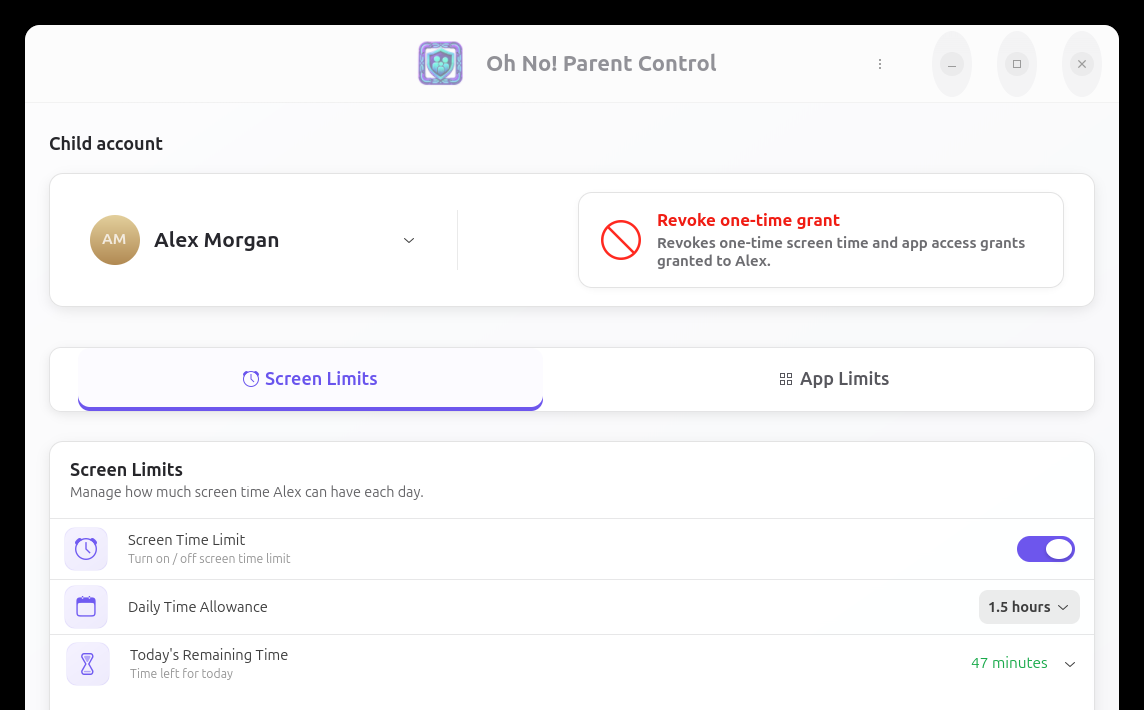 The Parent App showing the selected child, enabled screen-time limit, daily allowance, and today's remaining time.